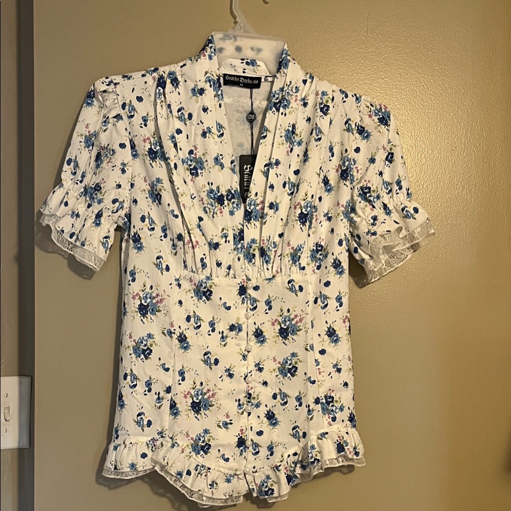 Women's Floral Top - White and Blue